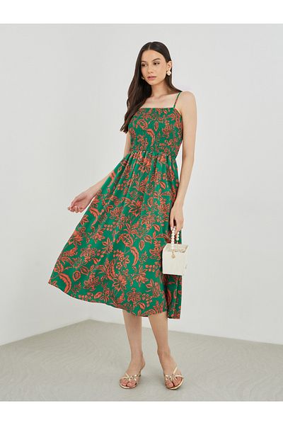 Styli Floral Print A-Line Smocking Detail Maxi Dress