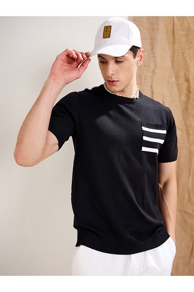 Mascln Sassafras By Styli Black Premium Knit Contrast Pocket T-Shirt