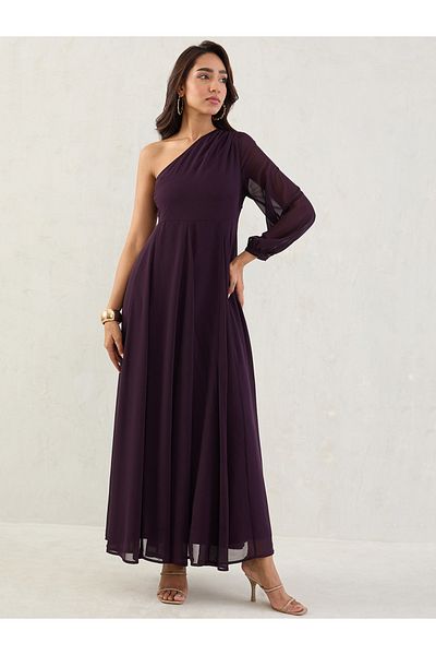 Styli Purple Solid One Shoulder Neck A-Line Maxi Dress