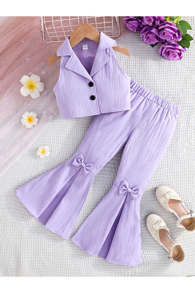 Styli Purple Sleeveless Top and Bow Detail Flared Pants Set