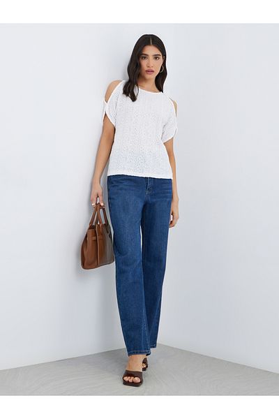 Styli Schiffli Cold Shoulder Sleeve Blouse