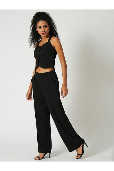 Globus By Styli Women Black Cross Strap Back Crop Top and Trousers Co-Ords