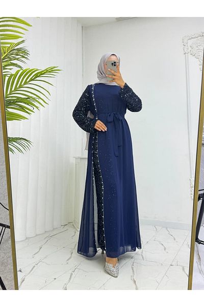 Modamorfo Chiffon Evening Dress with Sequin Belt on Sleeves -Laci