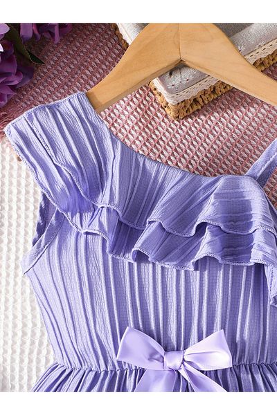 Styli Ruffled Asymmetric Neck Bow Detail Dress