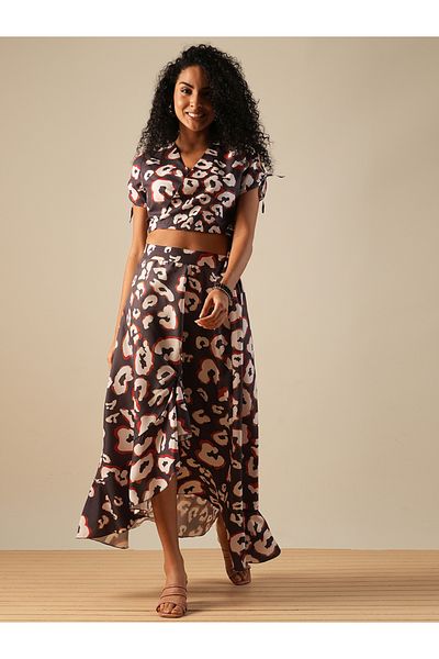 Globus By Styli Leopard Print Wrap V Neck Crop Top and Ruffled Skirt Co-Ords