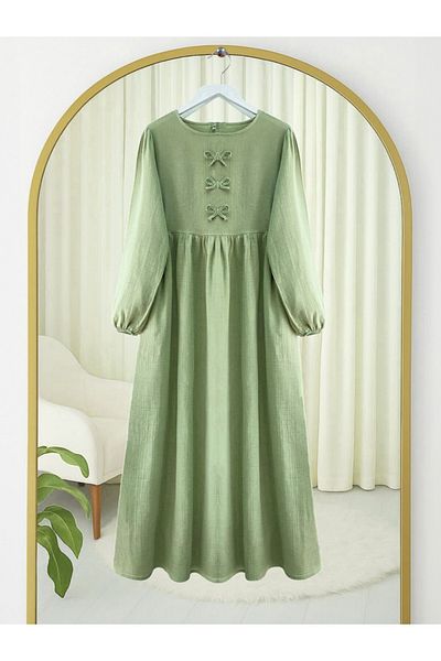 Modamorfo Muslin Dress with Bow Detail on the Front and Elastic Sleeves - Çağla Y.