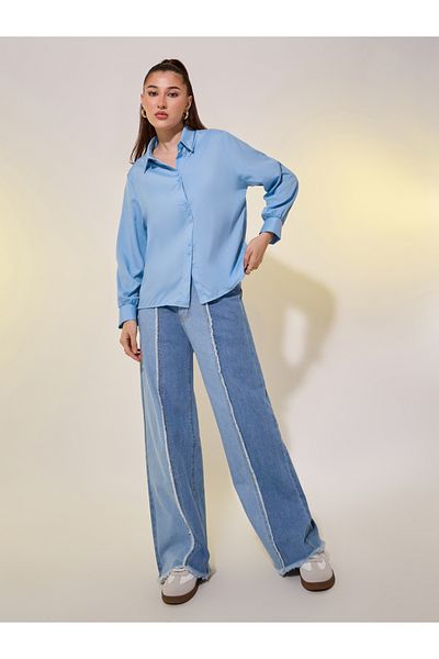 Styli Women Blue Solid Long Sleeve Oversized Shirt