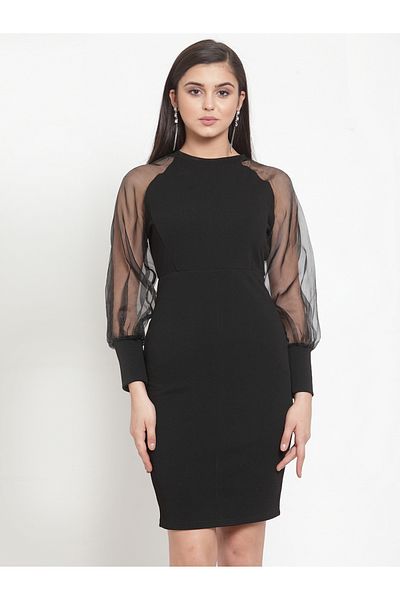 Kassually By Styli Solid Mesh Balloon Sleeve Sheath Mini Dress