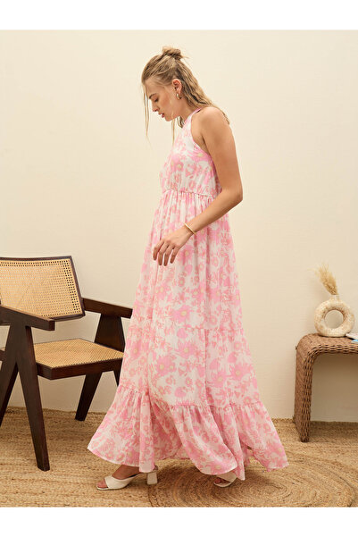 Sassafras By Styli White Floral Print Halter Neck Maxi Dress