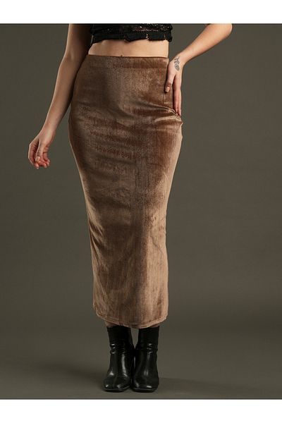Globus By Styli Velvet Look High Rise Stretchable Pencil Midi Skirt
