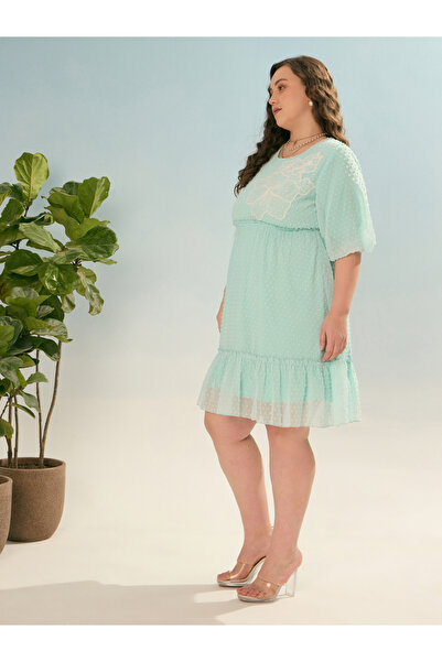 Sassafras By Styli Plus Green Dobby Skater Dress with Applique