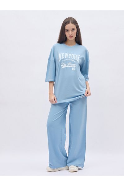 Styli Blue NY Print Oversized T-Shirt and Wide Leg Joggers Co-Ords
