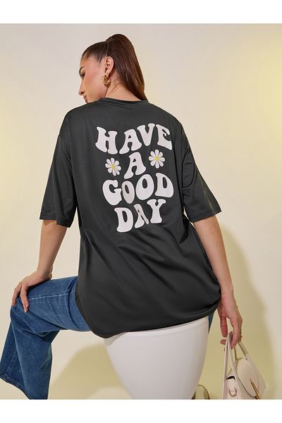 Styli Back Slogan Print Dropped Shoulder Oversized T-Shirt