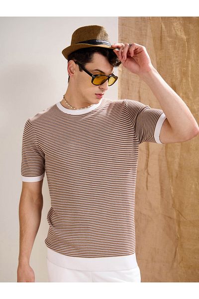 Mascln Sassafras By Styli Beige and Brown Stripes Premium Knit T-Shirt