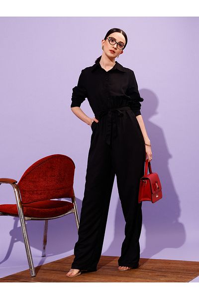 STREET 9 By Styli Spread Collar Long Sleeve Waist Tie-Up Jumpsuit