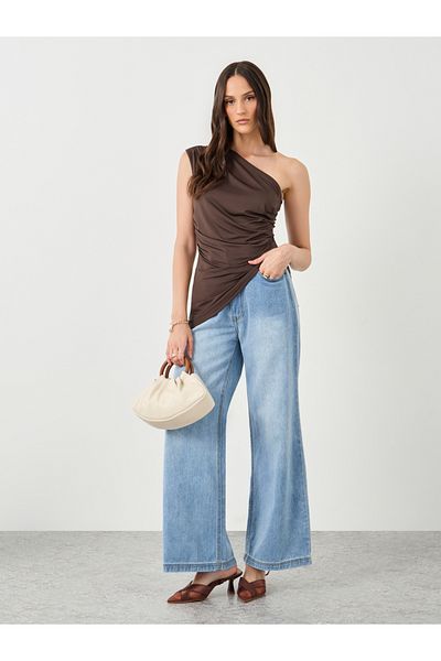 Styli Brown Asymmetrical Neck Gathered Top