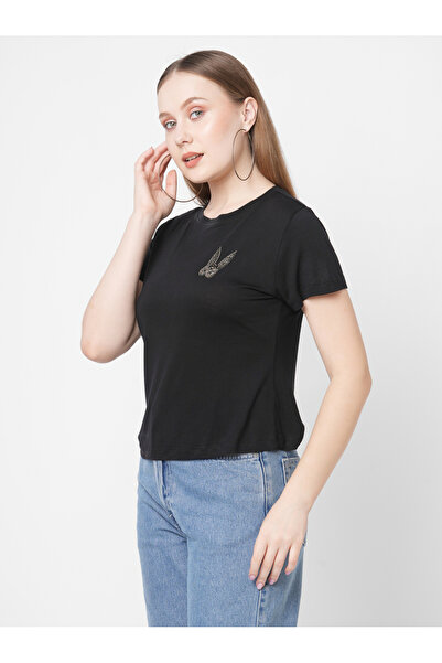 Mish By Styli Women Black Embellished Bunny Detail Short Sleeve T-Shirt