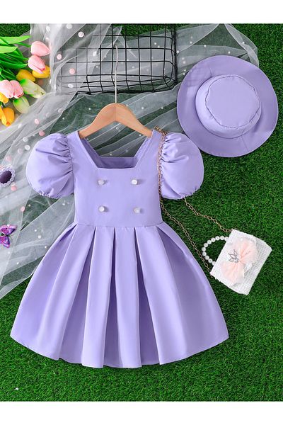 Styli Purple Box Pleated Puff Sleeve Dress with Hat
