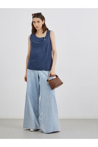 Styli Solid Button Detail Asymmetrical Neck Sleeveless Blouse