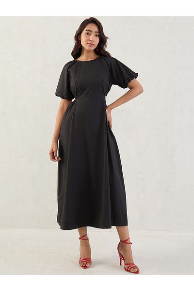 Styli Black Solid Poplin Cut Out A-Line Maxi Dress