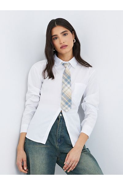 Styli Solid Long Sleeves Shirt with Tie