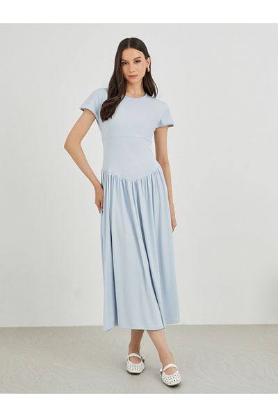 Styli Solid Round Neck A-Line Midi Dress