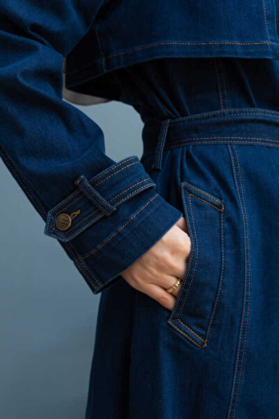 Neways 6458-Denim Trençkot Koyu Mavi