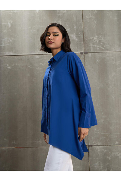 Sassafras By Styli Royal Blue Poplin Asymmetric Hem Buttoned Shirt