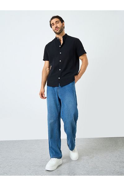 Styli Solid Mandarin Collar Button Front Shirt