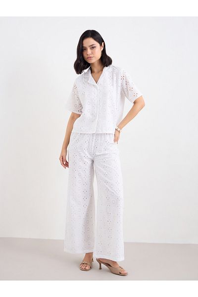Styli Women White Schiffli Shirt and Pants Co-Ords
