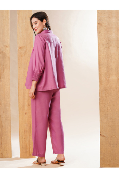 Globus By Styli Solid Smocked Detail Buttoned Shirt and Trousers Co-Ords