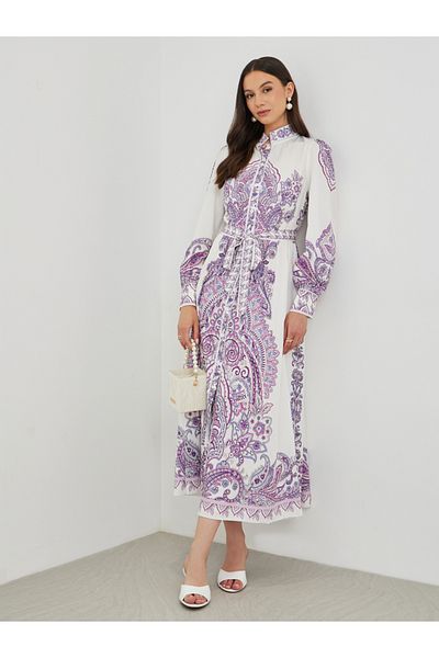 Styli Floral Print Long Sleeve Tie Belt Maxi Dress