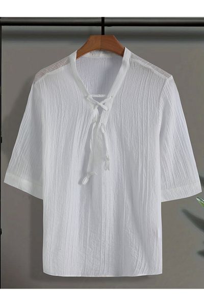 Styli Men White Textured Drawstring Front T-Shirt
