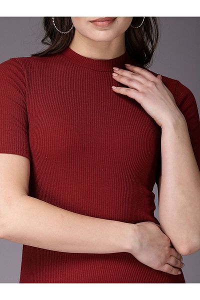 Freehand By Styli Women Burgundy Ribbed Knit Top and Leggings Co-Ords
