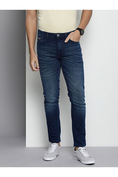 The Indian Garage Co By Styli Men Dark Blue Mid Rise Slim Fit Faded Jeans