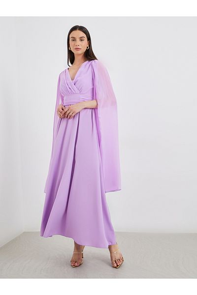 Styli Cape Sleeve Pleated Detail V-Neck A-Line Maxi Dress