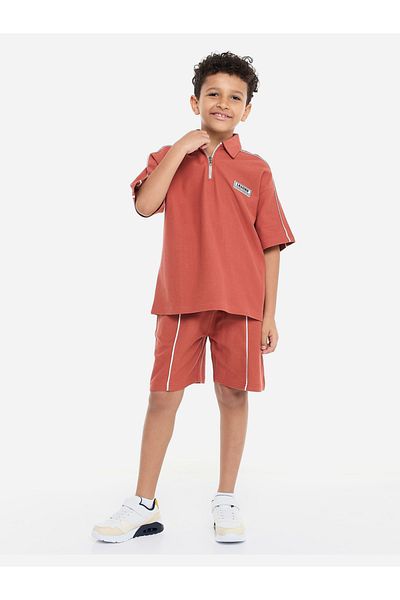 Victor and Jane By Styli Boys Rust Cotton Polo and Shorts Set
