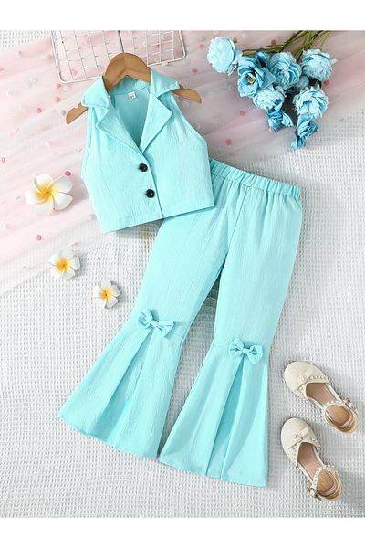 Styli Turquoise Sleeveless Top and Bow Detail Flared Pants Set