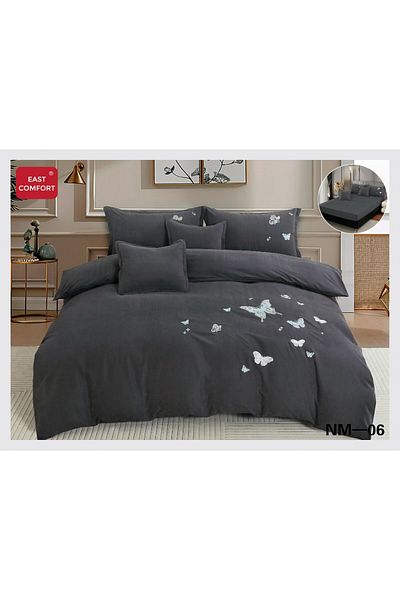 FIONNA.RO Premium Finet Bed Linen With Embroidery And Elastic - Anthracite Grey With Butterflies
