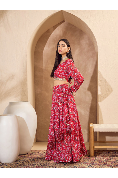 Sassafras By Styli Red Floral Print Round Neck Crop Top with Anarkali Skirt Co-Ords