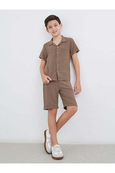 Styli Linen Look Plain Shirt and Shorts Set