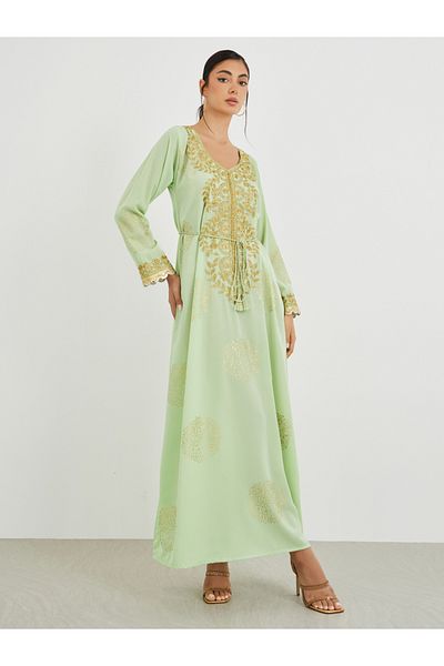 Styli Foil Print V Neck Jalabiya with Embroidery and Lace Detail