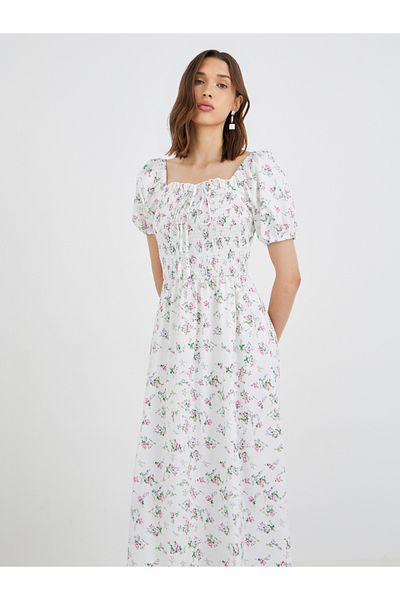 Styli Floral Print Puff Sleeve Smocked Midi Dress