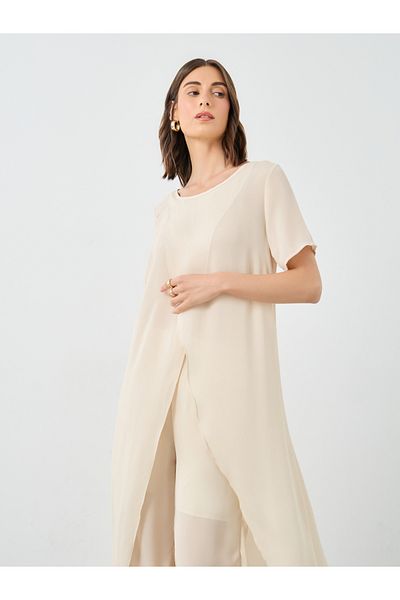 Styli Women Beige Solid Asymmetric Hem Tunic and Pants Co-Ords