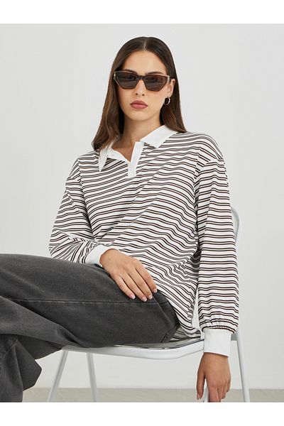 Styli Brown Striped Oversized Polo T-Shirt