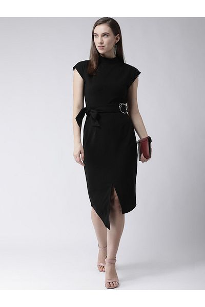 Kassually By Styli Women Black Solid Belted Asymmetric Hem Sheath Knee-Length Dress