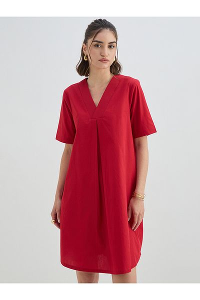 Styli Red Solid Poplin Shift Knee Length Dress