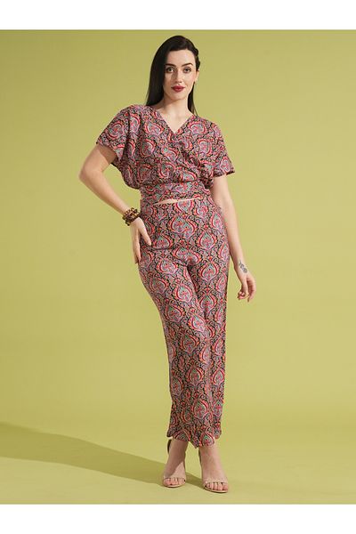 Globus By Styli Ethnic Print Back Tie-Up Crop Top and Trousers Co-Ords