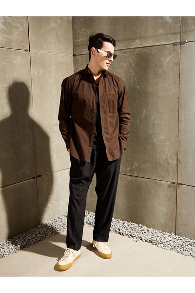 Mascln Sassafras By Styli Men Brown Solid Long Sleeve Relaxed Fit Shirt with Pocket