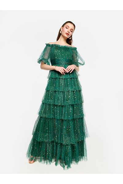 House of Moda By Styli Ruffle Detail Off Shoulder Tulle Maxi Dress